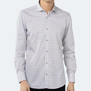 Luchiano Visconti White with Tiny Navy Petals and Gold Dots Jacquard Shirt